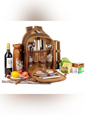 APOLLO WALKER Picnic Backpack (Brown for 4 with Wine Glasses)